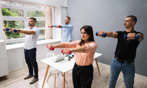 All team members are doing exercise.